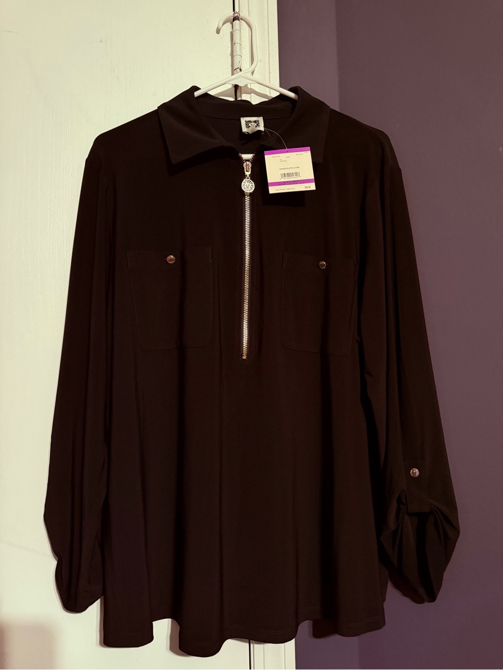 Anne Klein Black Zip-Front Long Sleeve Top